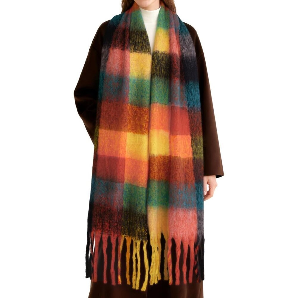 Women's Oversized Plaid Blanket Scarf Chunky Warm Shawl Wrap 80 characters - Picture 1 of 6